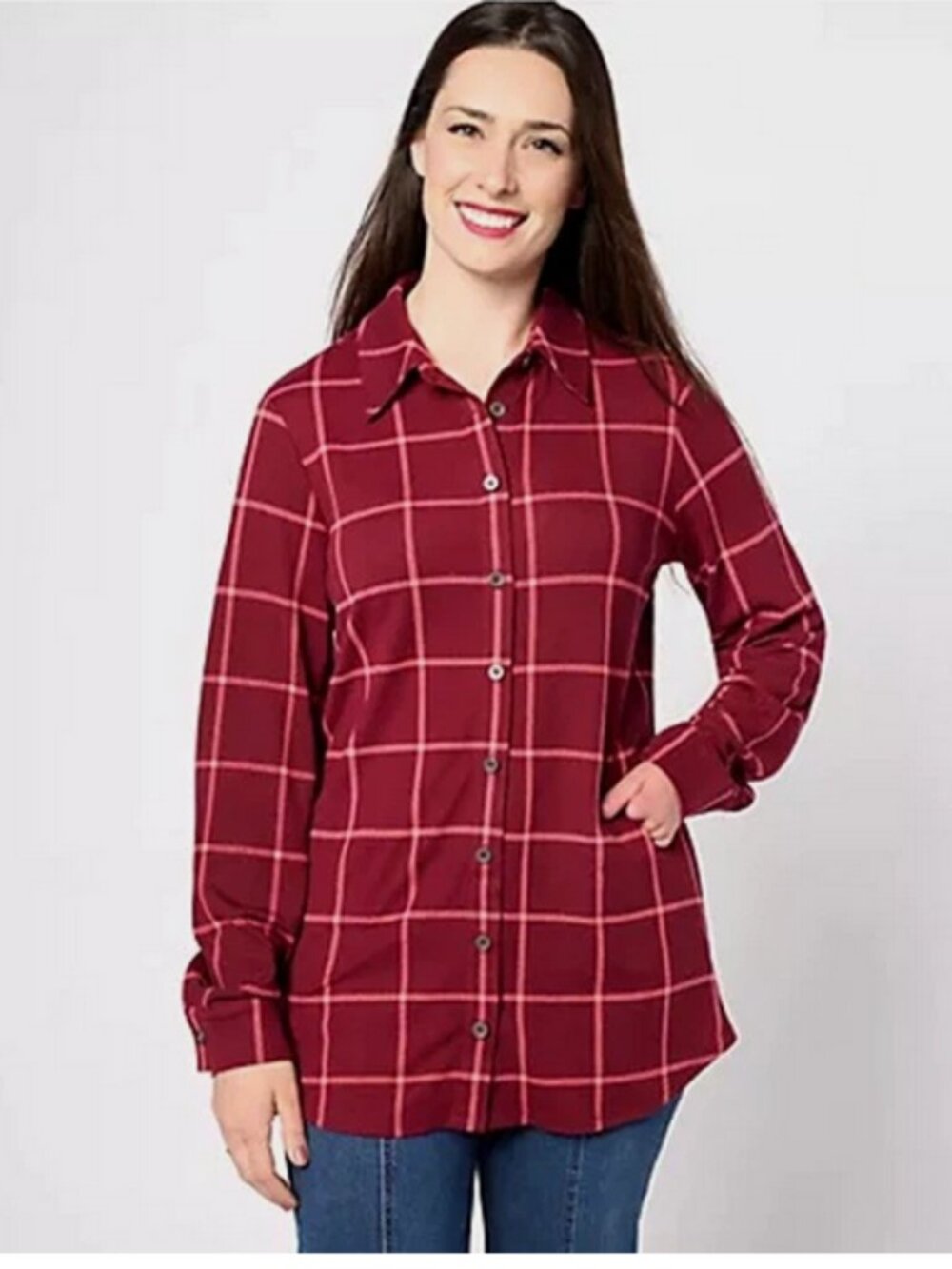 Denim & Co. Adaptive Heavenly Jersey Plaid Button Front Tunic Wine XS, MED NEW